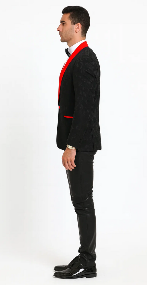 Black and Red Tuxedo Jacket Floral Pattern Slim Fit - Wedding - Prom