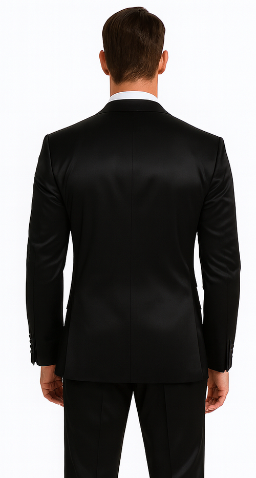 Black Satin Slim Fit 3 Piece Tazzio Men's Suit with Peak Lapel Jacket – Modern Design