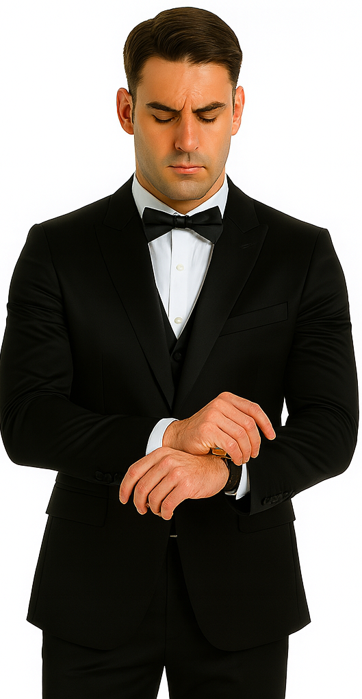 Black Satin Slim Fit 3 Piece Tazzio Men's Suit with Peak Lapel Jacket – Modern Design