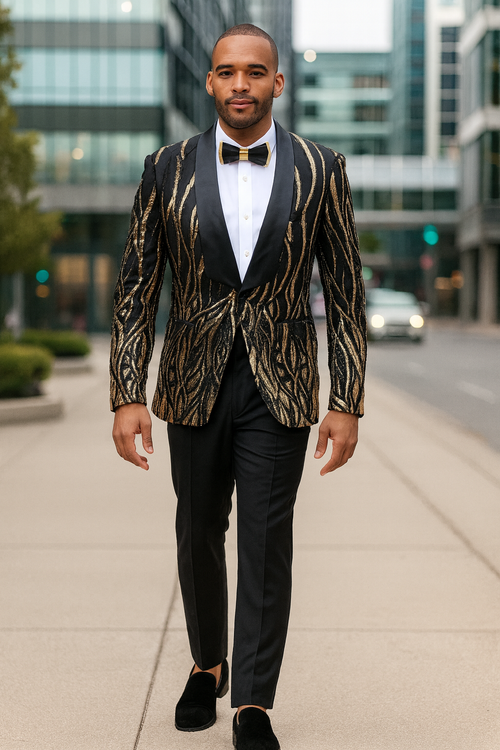 Black  Prom Tuxedo Suit - Black Wedding Suit - Mens Square Shawl Lapel Black & Gold Sequin Prom Tuxedo Jacket