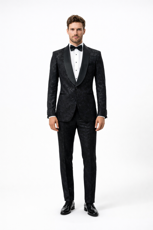 Black Sequin Tuxedo Suit with Satin Shawl Lapel - Mens Slim Fit Formal Prom and Wedding Attire by USA Men's Outlet