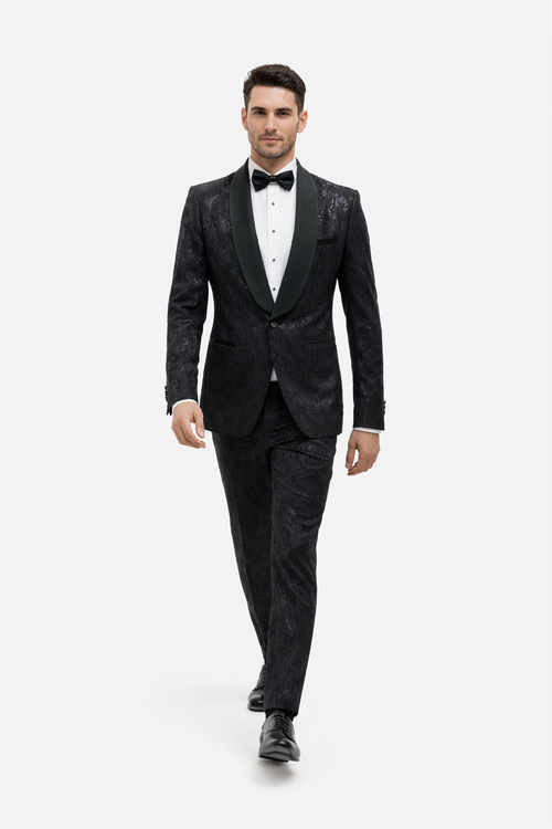 Black Sequin Tuxedo Suit with Satin Shawl Lapel - Mens Slim Fit Formal Prom and Wedding Attire by USA Men's Outlet
