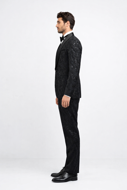 Black Sequin Tuxedo Suit with Satin Shawl Lapel - Mens Slim Fit Formal Prom and Wedding Attire by USA Men's Outlet