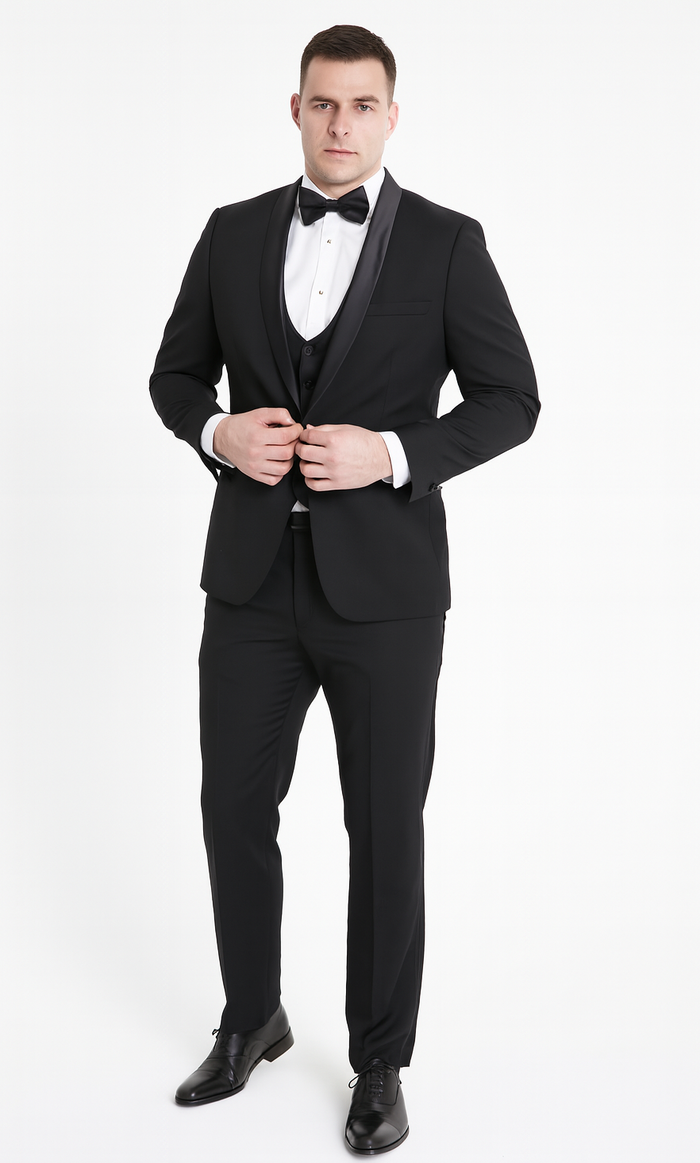 Black Slim Fit Satin Tuxedo – Four Piece Set