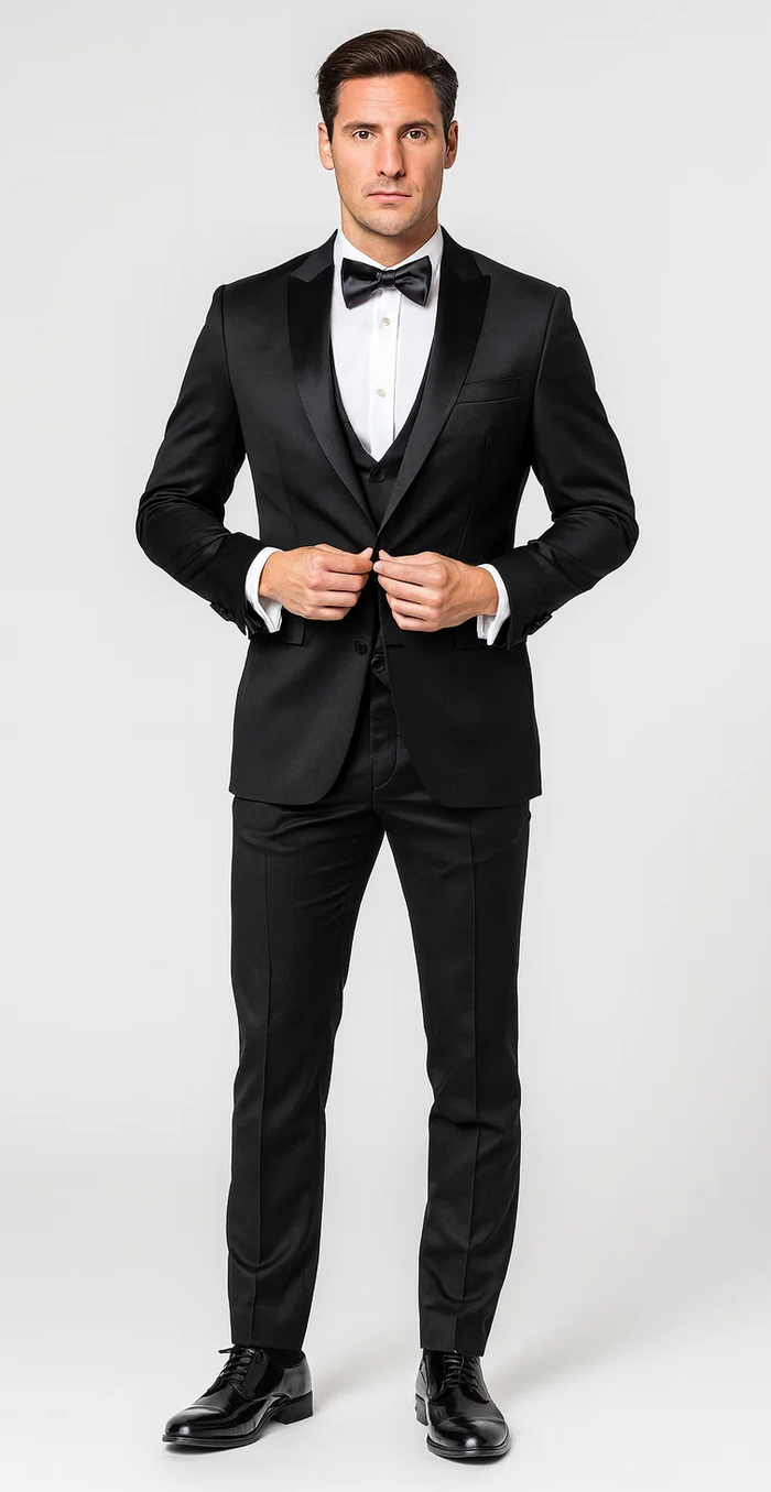 Black Slim Fit Satin Tuxedo – Four Piece Set