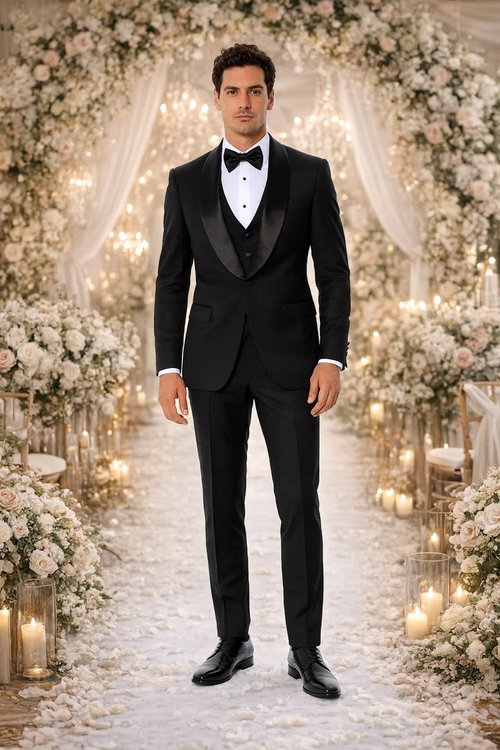 Black Slim Fit Tuxedo with Large Shawl Lapel – 3 Piece Wedding & Prom Set