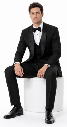 Black Slim Fit Tuxedo with Large Shawl Lapel – 3 Piece Wedding & Prom Set