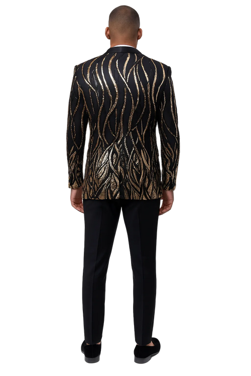 Black  Prom Tuxedo Suit - Black Wedding Suit - Mens Square Shawl Lapel Black & Gold Sequin Prom Tuxedo Jacket