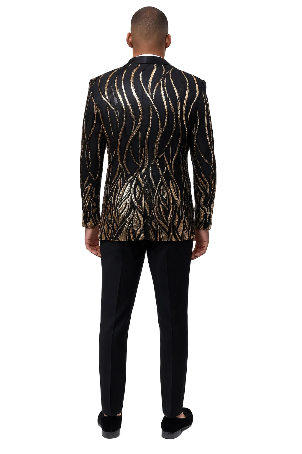Black  Prom Tuxedo Suit - Black Wedding Suit - Mens Square Shawl Lapel Black & Gold Sequin Prom Tuxedo Jacket