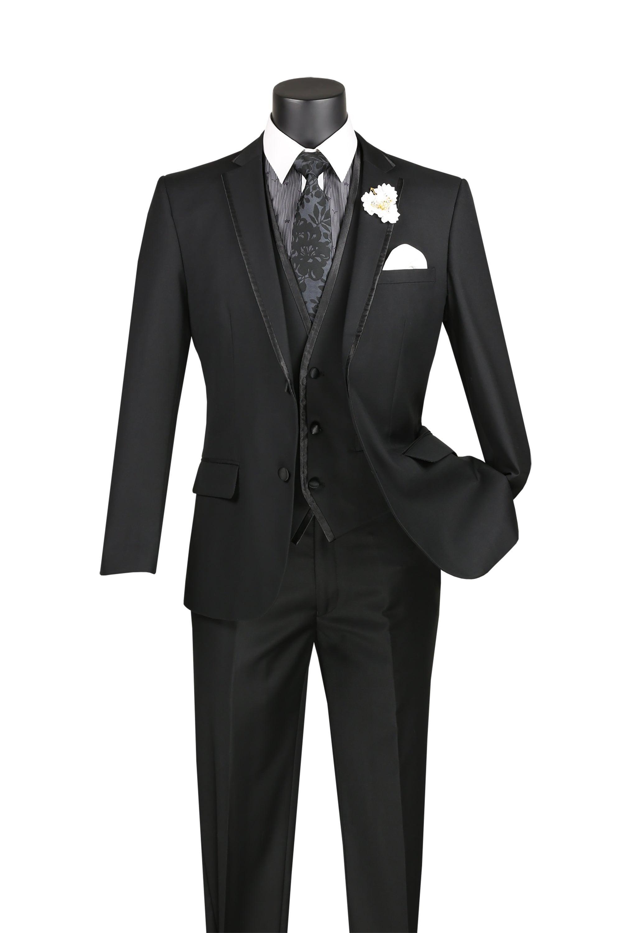 Black Trimmed Lapel Slim Fit 3 Piece Suit by Vinci