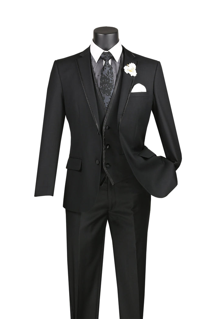 Black Trimmed Lapel Slim Fit 3 Piece Suit by Vinci