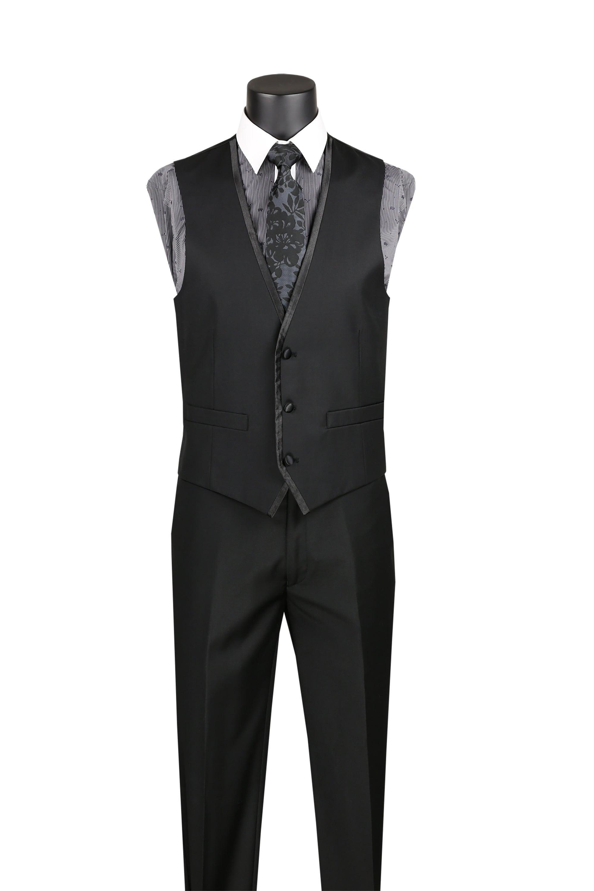 Black Trimmed Lapel Slim Fit 3 Piece Suit by Vinci