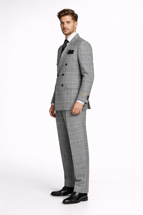 Suits With Baggy Pleated Pants - Wide Leg Pants 100% Wool - Classic Fit in Black and White Plaid Color by Rossiman USA Men's Outlet