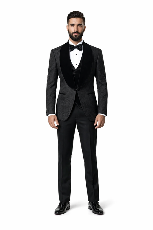 Black with Black Velvet Lapel 3-Piece Tailored-Fit Tuxedo