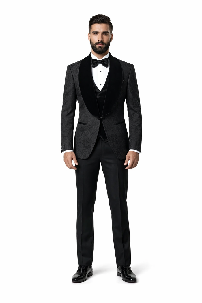 Black with Black Velvet Lapel 3-Piece Tailored-Fit Tuxedo