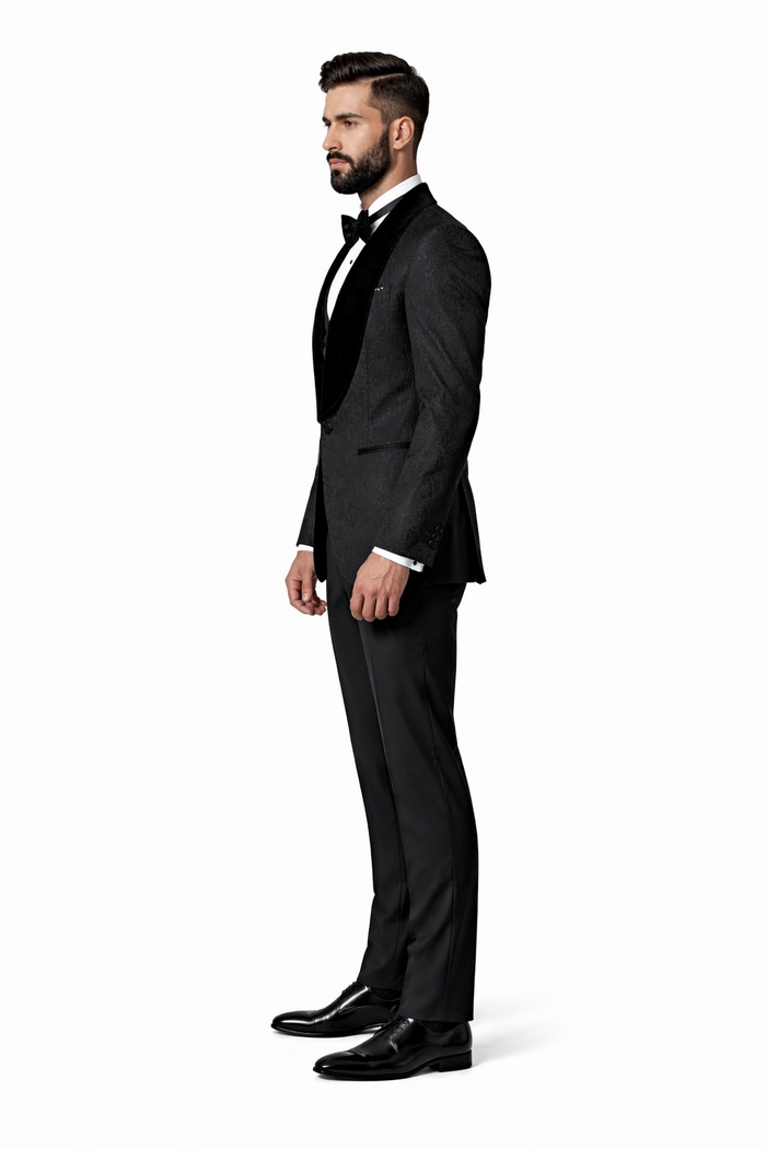 Black with Black Velvet Lapel 3-Piece Tailored-Fit Tuxedo