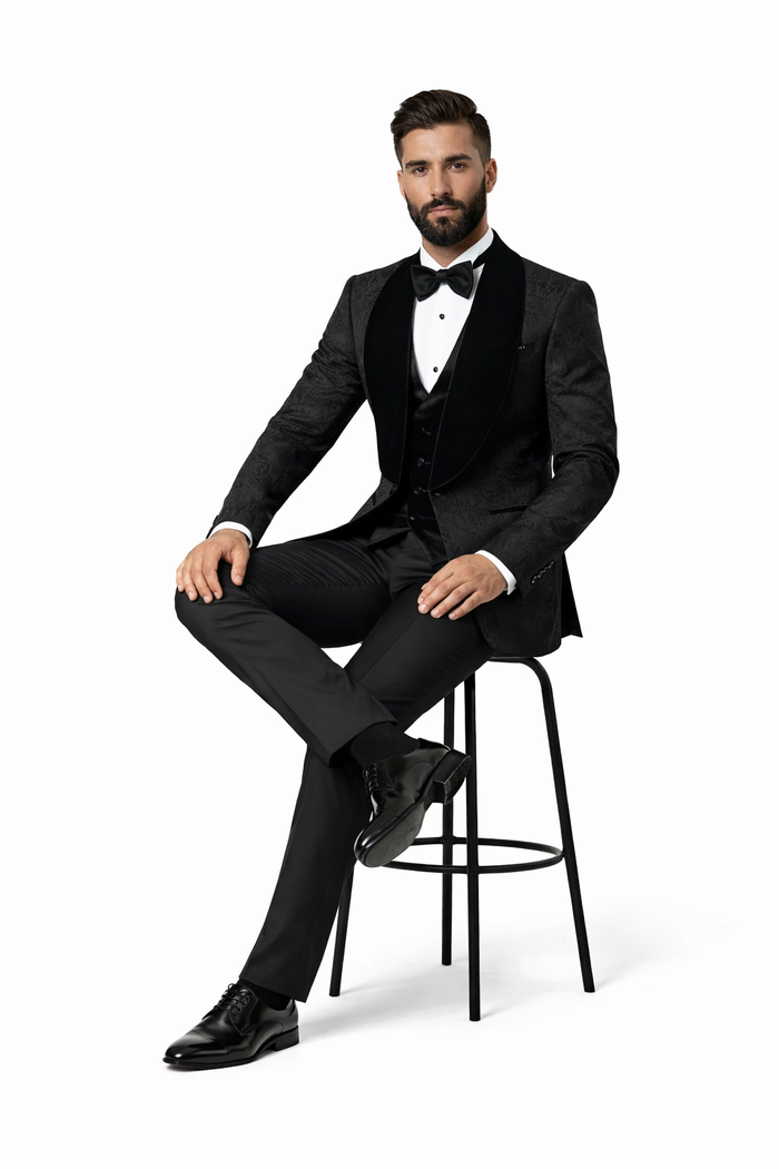 Black with Black Velvet Lapel 3-Piece Tailored-Fit Tuxedo
