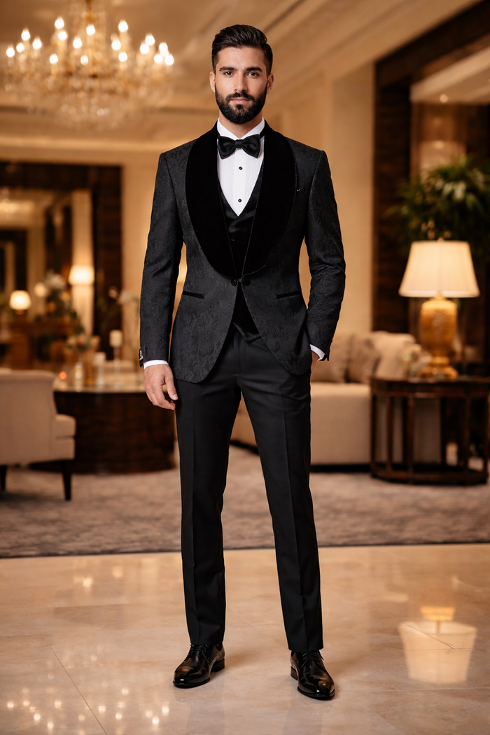 Black with Black Velvet Lapel 3-Piece Tailored-Fit Tuxedo