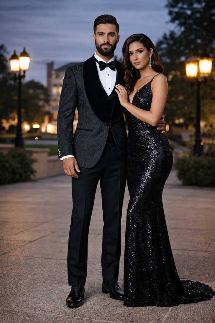 Black with Black Velvet Lapel 3-Piece Tailored-Fit Tuxedo