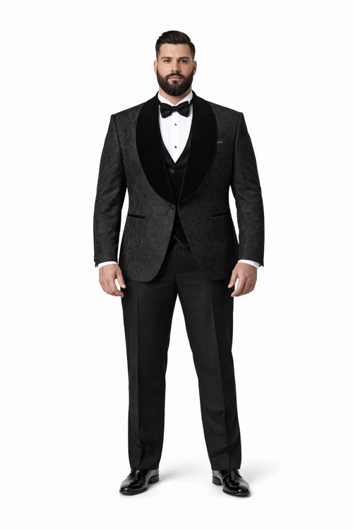 Black with Black Velvet Lapel 3-Piece Tailored-Fit Tuxedo
