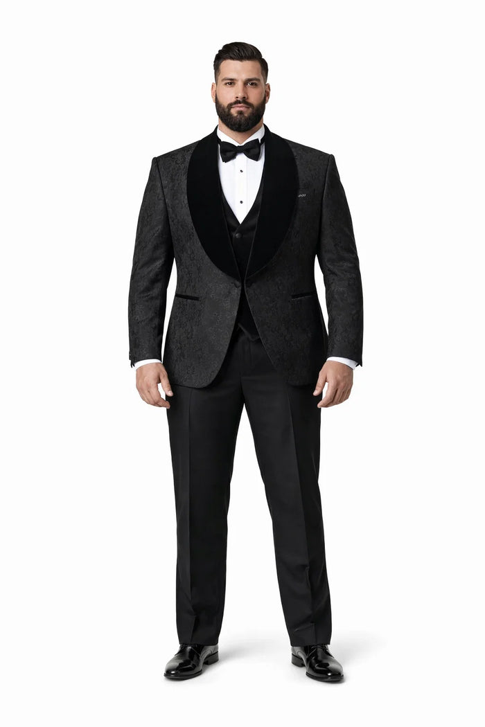 Black with Black Velvet Lapel 3-Piece Tailored-Fit Tuxedo