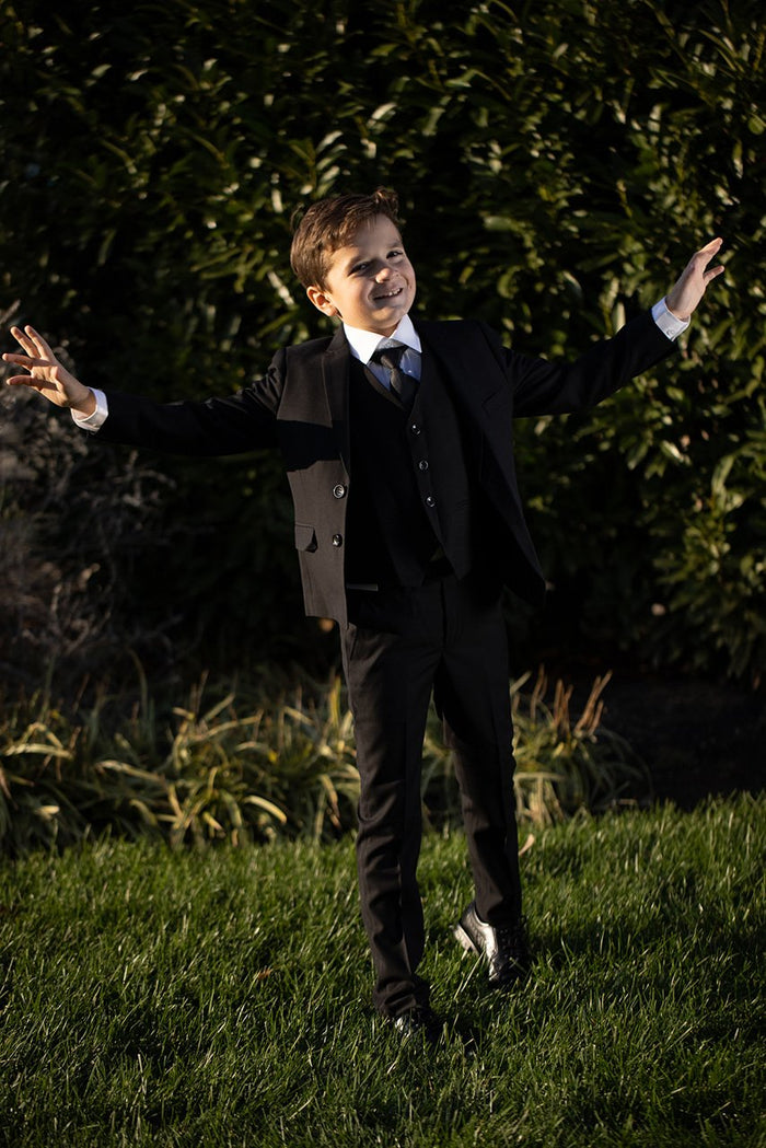 Premium Kids Black 5-Piece Wool Blend Suit BLACKTIE