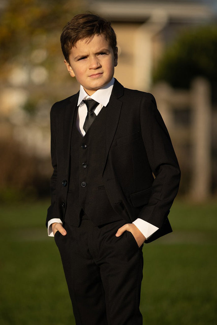 Premium Kids Black 5-Piece Wool Blend Suit BLACKTIE