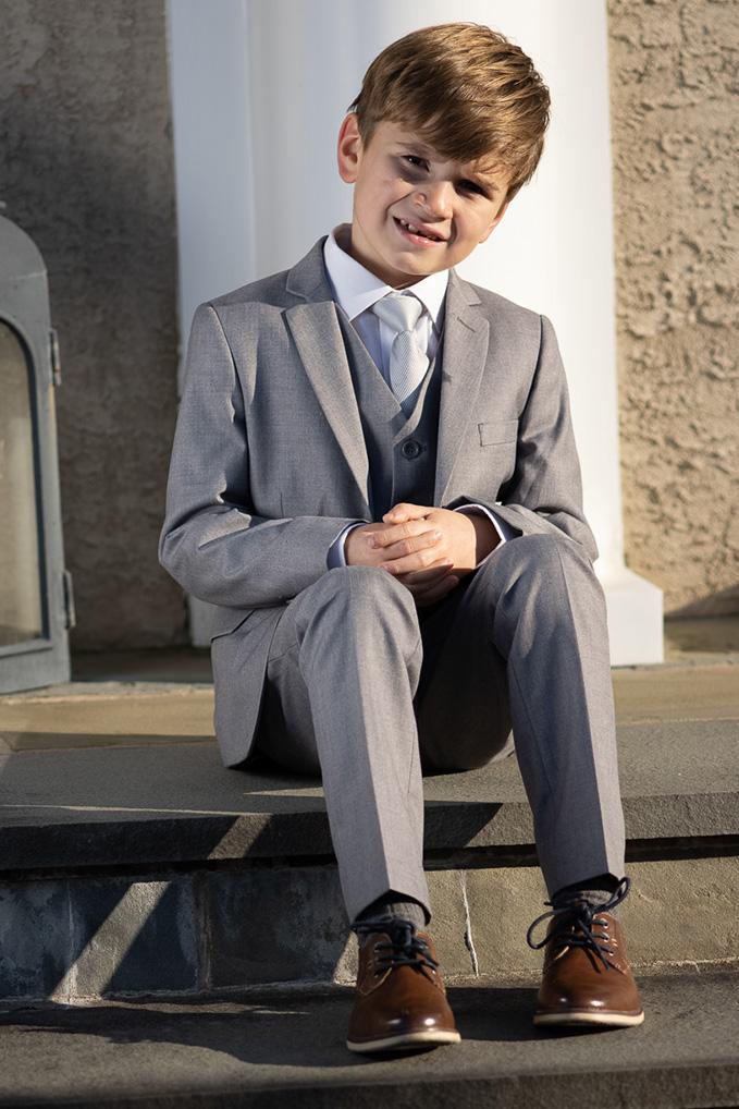 Premium Kids Heather Grey 5-Piece Wool Blend Suit by BLACKTIE