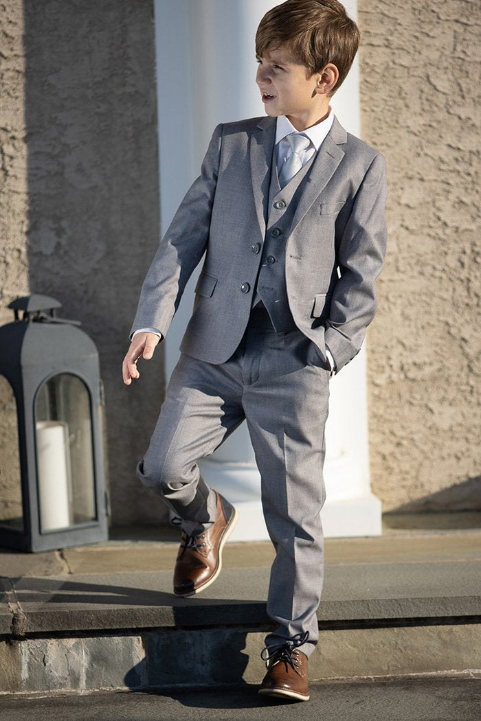 Premium Kids Heather Grey 5-Piece Wool Blend Suit by BLACKTIE