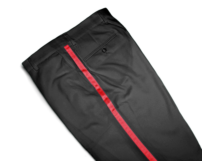 Mens Tuxedo Dress Pants Flat Front Satin Band Mens Tux Pant Trousers - Black with Red Stripe