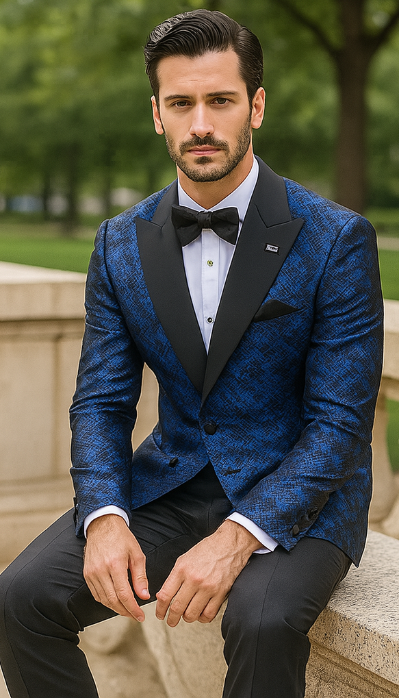 Blue Double Breasted Rough Streak Pattern Satin Peak Lapel Stacy Adams Men's Jacket
