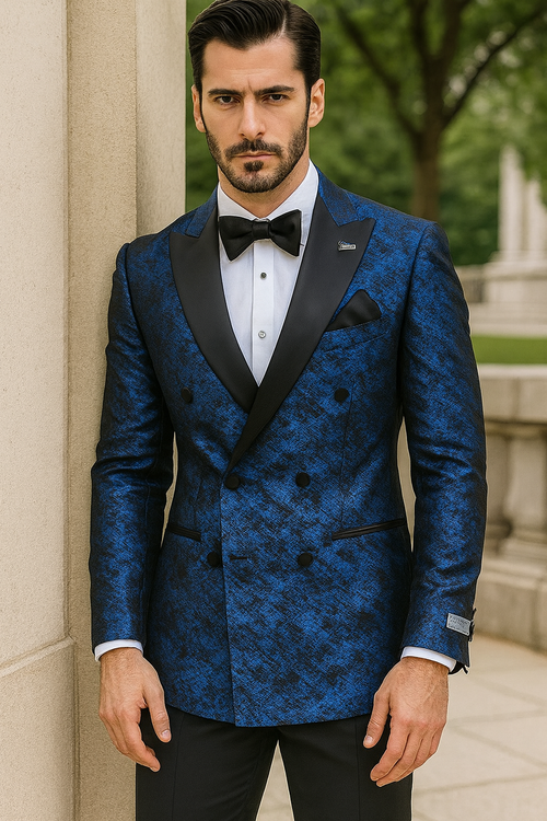 Blue Double Breasted Rough Streak Pattern Satin Peak Lapel Stacy Adams Men's Jacket