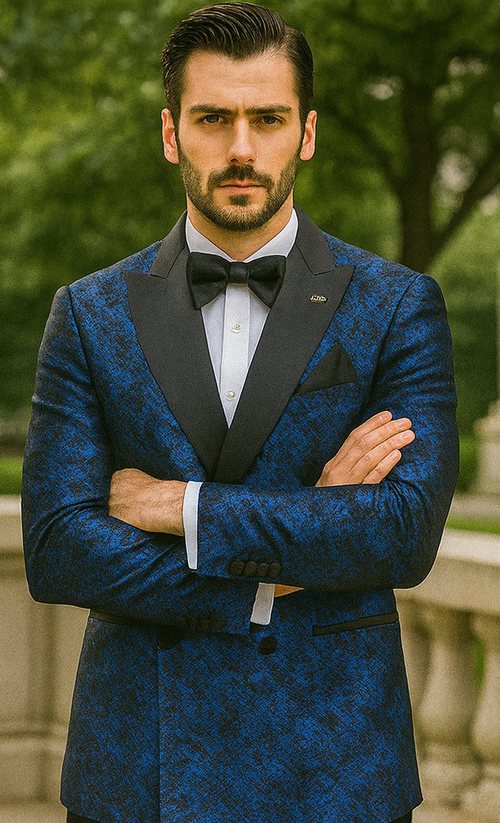 Blue Double Breasted Rough Streak Pattern Satin Peak Lapel Stacy Adams Men's Jacket