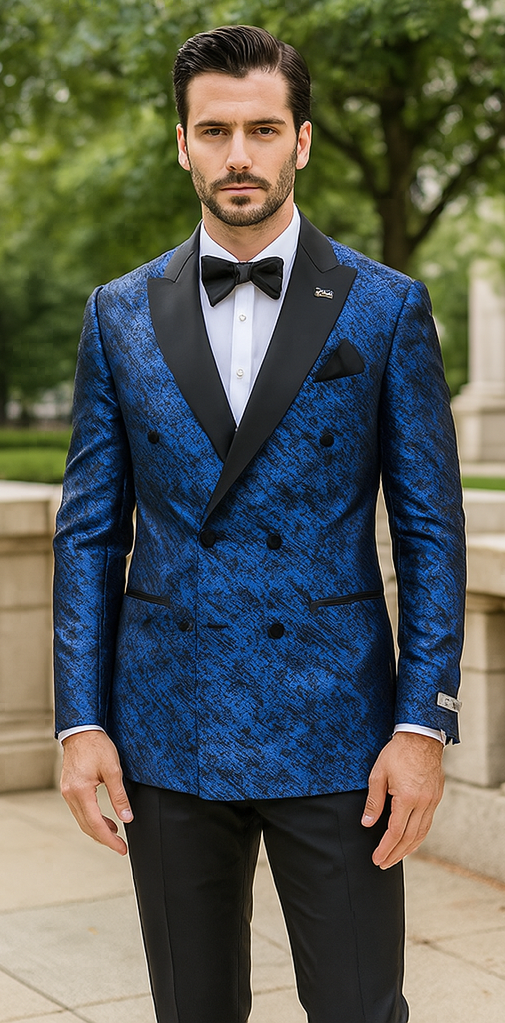 Blue Double Breasted Rough Streak Pattern Satin Peak Lapel Stacy Adams Men's Jacket – SuitUSA