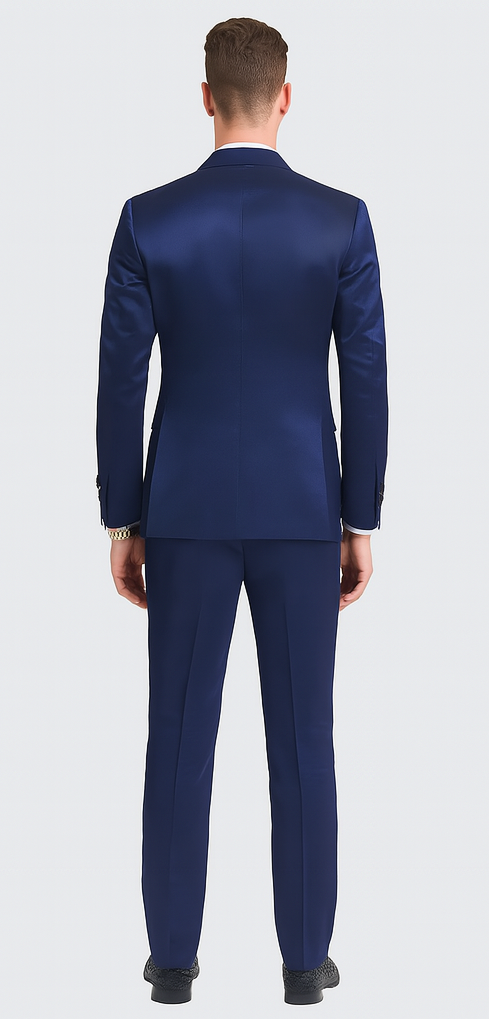 Elegant Blue Satin Double Breasted 3 Piece Slim Fit Tazzio Men's Suit with Peak Lapel Jacket