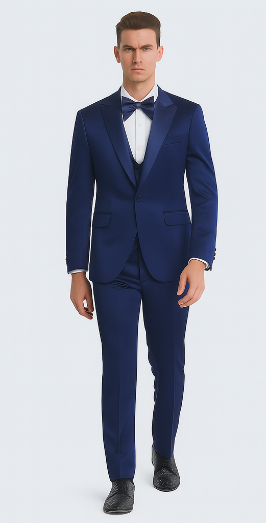 Elegant Blue Satin Double Breasted 3 Piece Slim Fit Tazzio Men's Suit with Peak Lapel Jacket