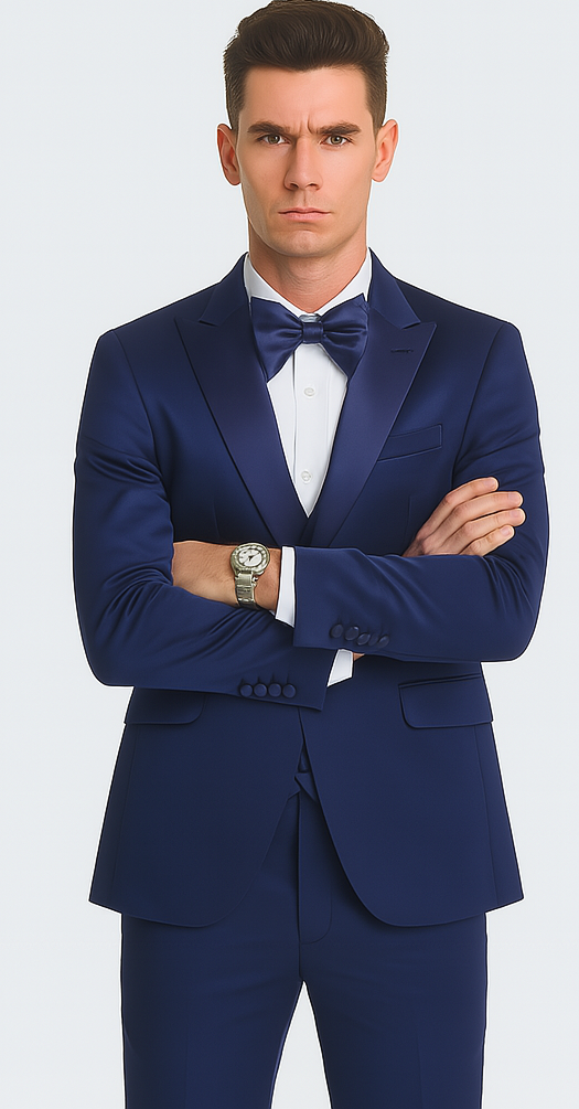 Elegant Blue Satin Double Breasted 3 Piece Slim Fit Tazzio Men's Suit with Peak Lapel Jacket