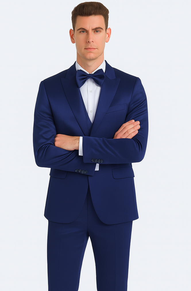 Elegant Blue Satin Double Breasted 3 Piece Slim Fit Tazzio Men's Suit with Peak Lapel Jacket