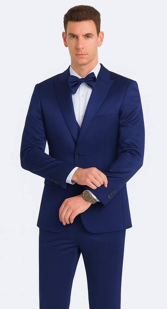 Elegant Blue Satin Double Breasted 3 Piece Slim Fit Tazzio Men's Suit with Peak Lapel Jacket