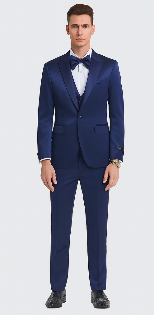 Elegant Blue Satin Double Breasted 3 Piece Slim Fit Tazzio Men's Suit with Peak Lapel Jacket