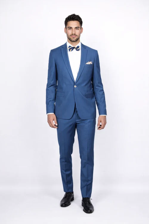 Blue Slim Fit Men’s Suit by Rossiman Rossi - Skinny Style with 1-Button Jacket - Italian Tailored Modern Formalwear at USA Men's Outlet