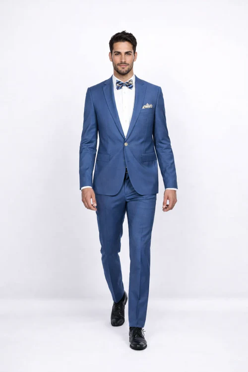 Blue Slim Fit Men’s Suit by Rossiman Rossi - Skinny Style with 1-Button Jacket - Italian Tailored Modern Formalwear at USA Men's Outlet