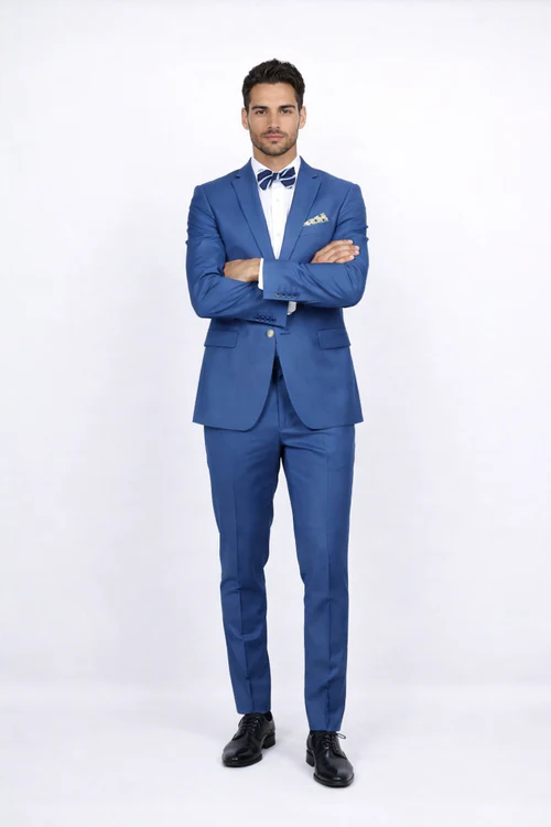 Blue Slim Fit Men’s Suit by Rossiman Rossi - Skinny Style with 1-Button Jacket - Italian Tailored Modern Formalwear at USA Men's Outlet