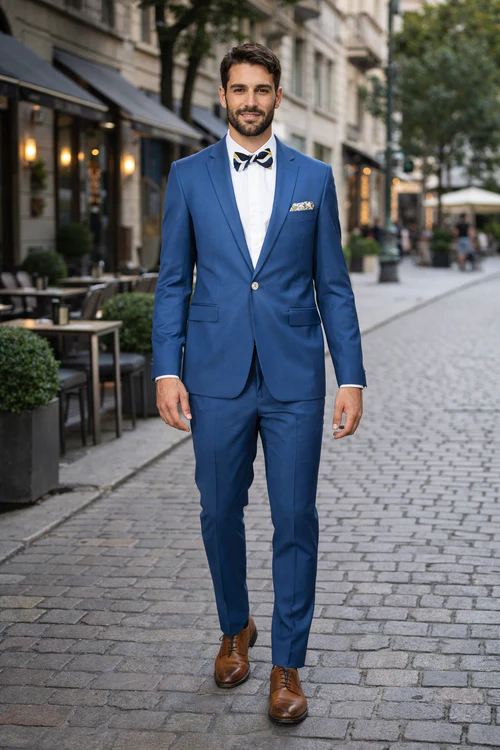 Blue Slim Fit Men’s Suit by Rossiman Rossi - Skinny Style with 1-Button Jacket - Italian Tailored Modern Formalwear at USA Men's Outlet