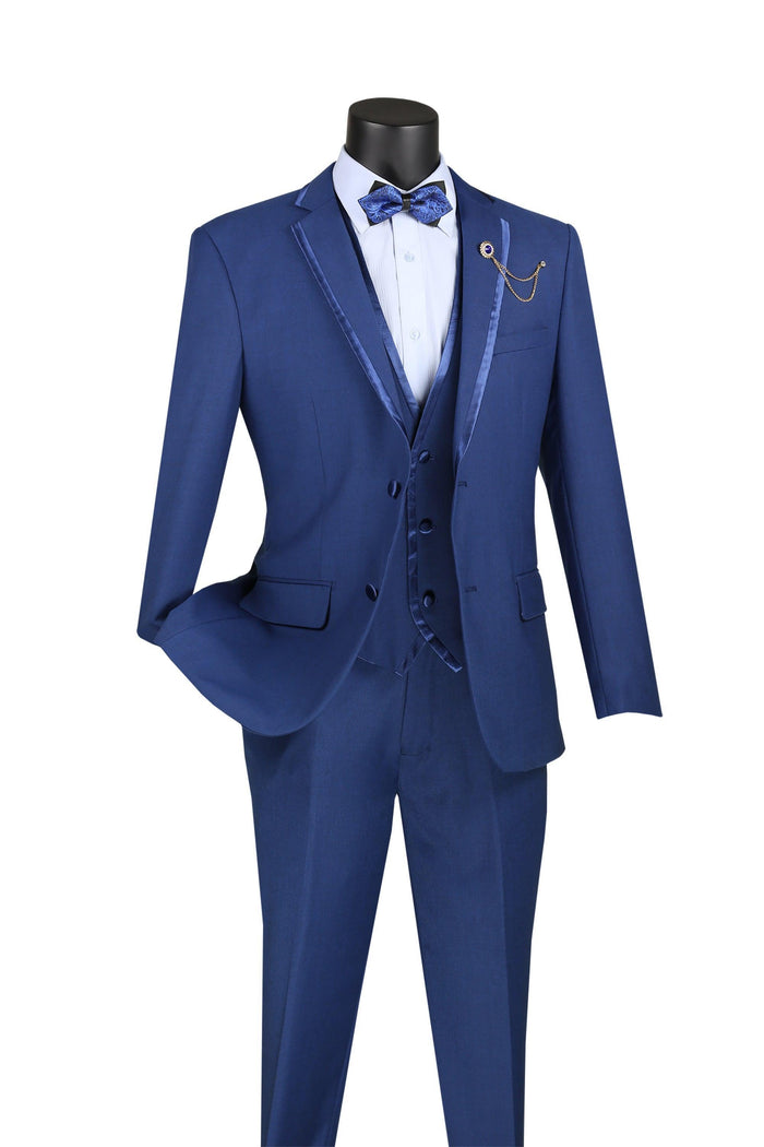 Blue Trimmed Lapel Slim Fit 3 Piece Suit by Vinci