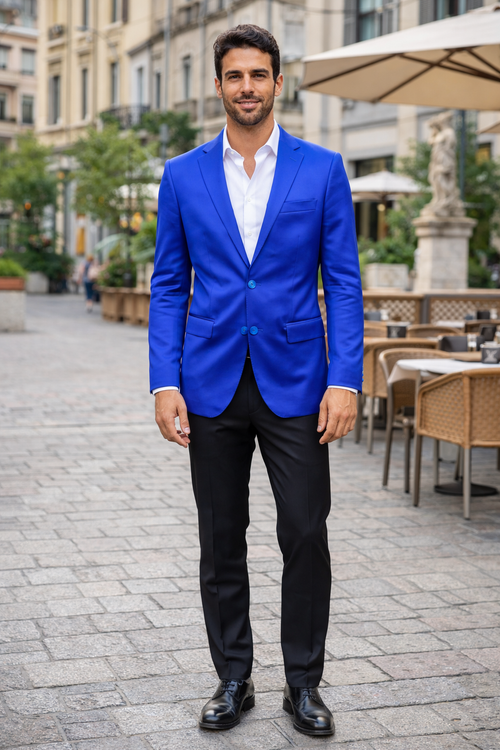 Men’s Slim Fit Blue Satin Blazer – Elegant Two-Button Formal Suit Jacket for Weddings, in blue Color