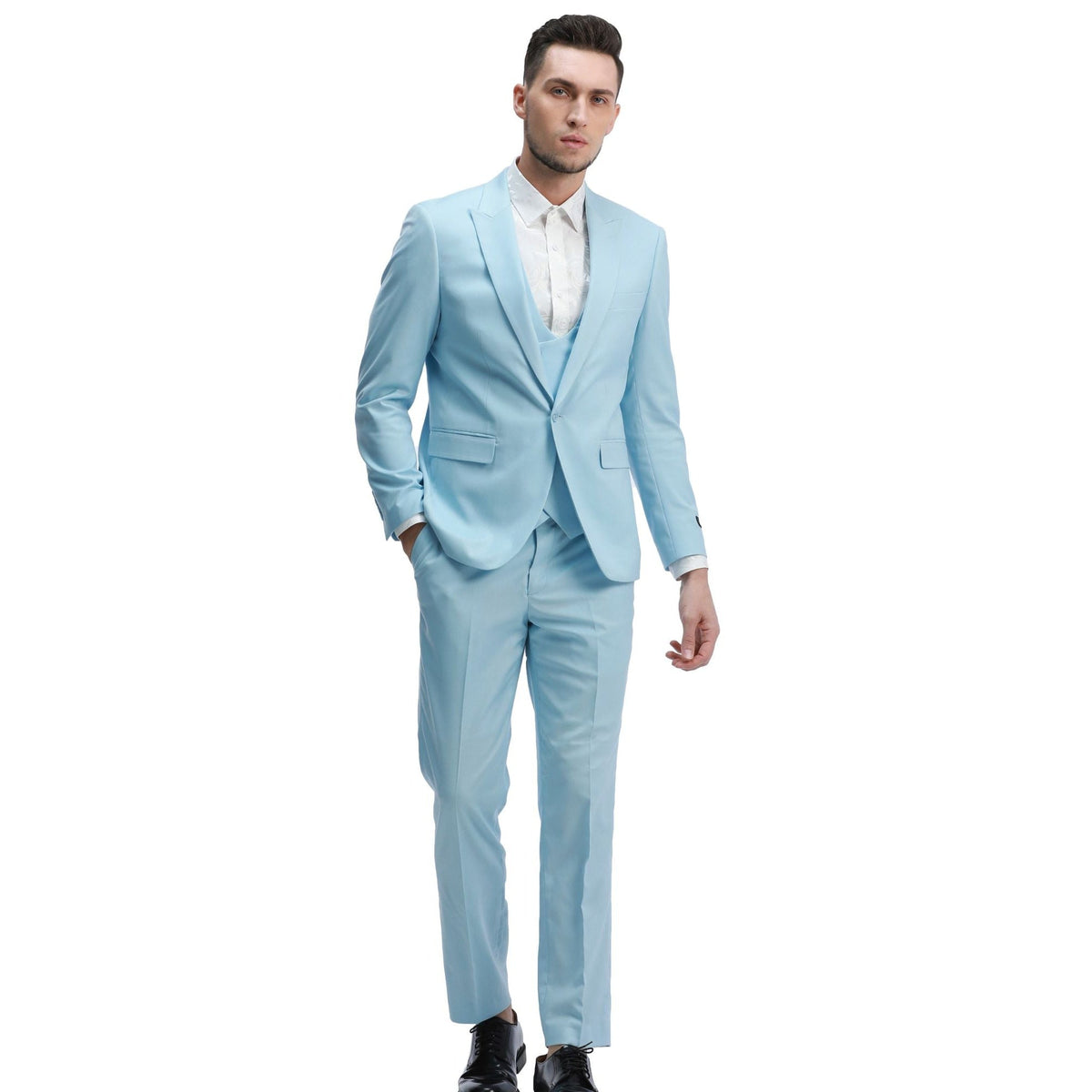 3-Piece Skinny Fit Solid Suit with Peak Lapel Vest - Baby Blue by Tazzio