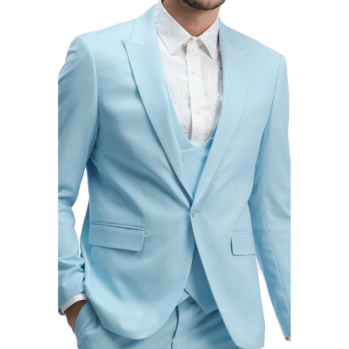 3-Piece Skinny Fit Solid Suit with Peak Lapel Vest - Baby Blue by Tazzio