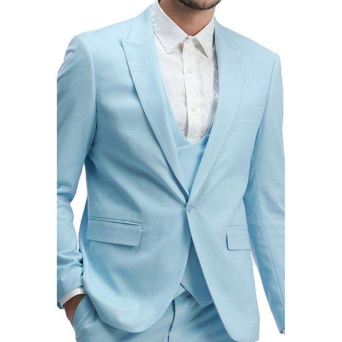 3-Piece Skinny Fit Solid Suit with Peak Lapel Vest - Baby Blue by Tazzio