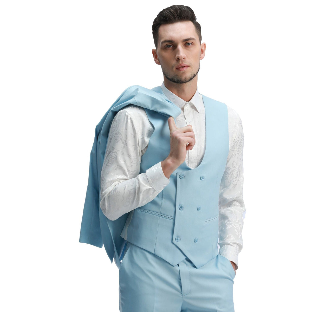 3-Piece Skinny Fit Solid Suit with Peak Lapel Vest - Baby Blue by Tazzio